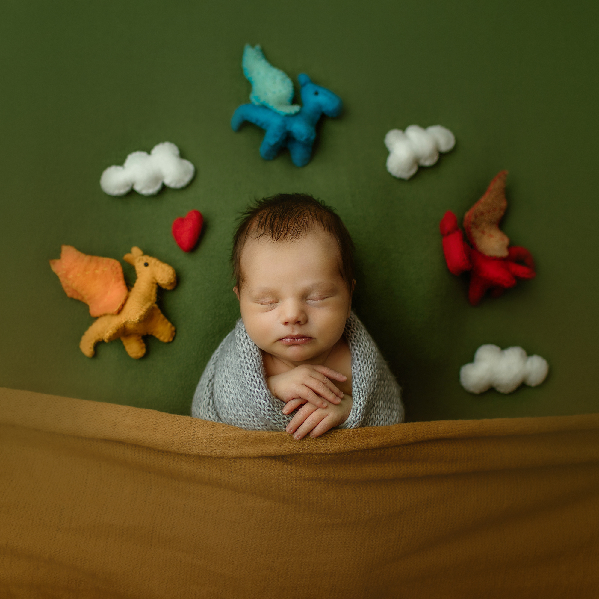 Newborn portrait of baby in grap wrap with yellow blanket and felted dragons
